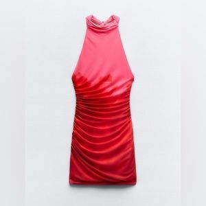 Zara Halter Printed Tulle Dress XS pink and red worn once! Perfect condition